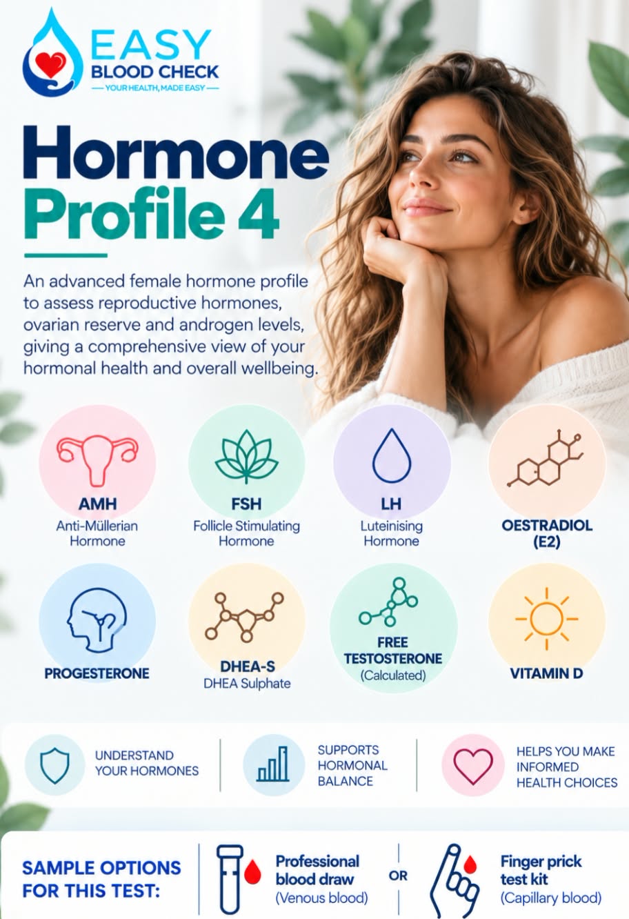 AMH • DHEA-S • FSH • LH • Oestradiol • Progesterone • Free Testosterone • Vitamin D blood test